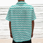 Teal And White Chevron Pattern Print Textured Short Sleeve Shirt
