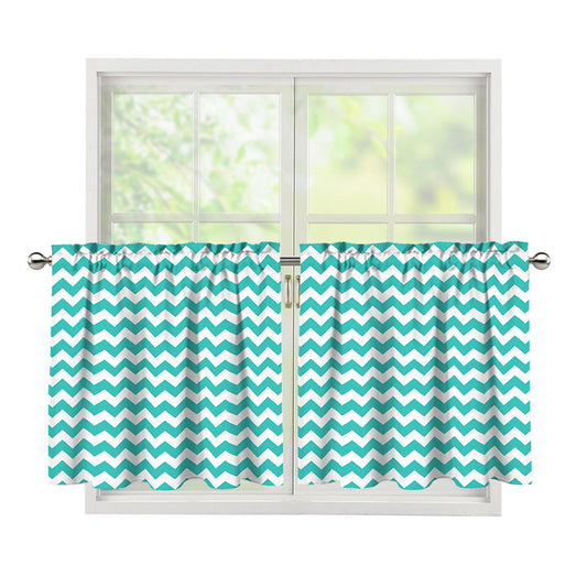 Teal And White Chevron Pattern Print Tier Curtains