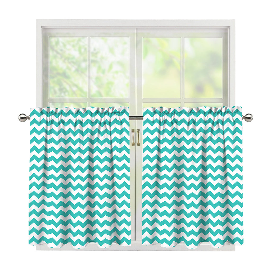 Teal And White Chevron Pattern Print Tier Curtains