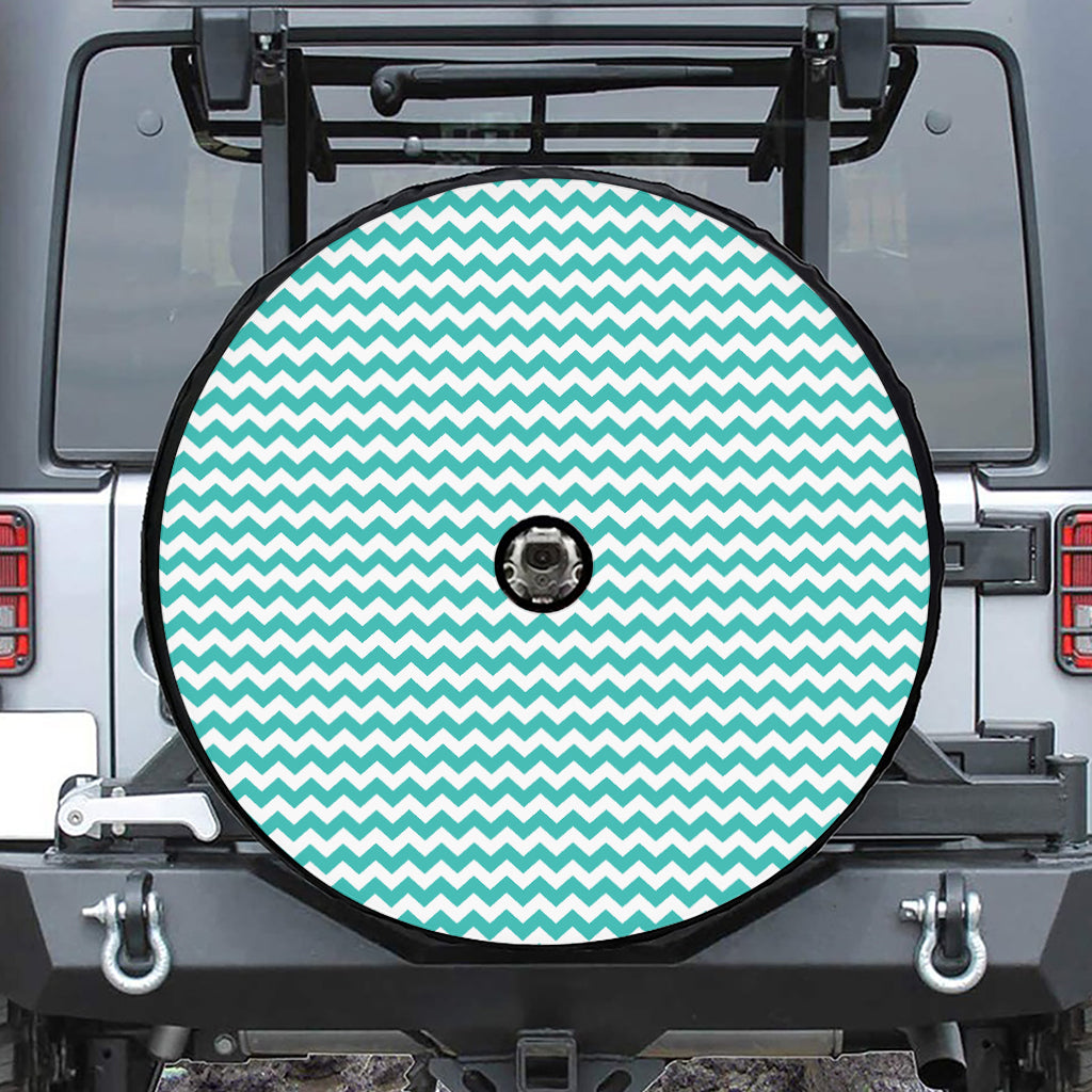 Teal And White Chevron Pattern Print Tire Cover With Camera Hole