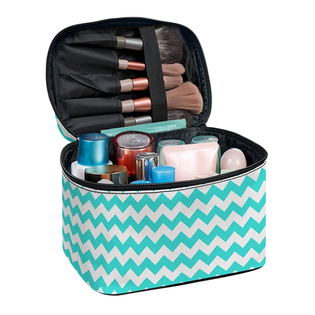 Teal And White Chevron Pattern Print Travel Makeup Bag