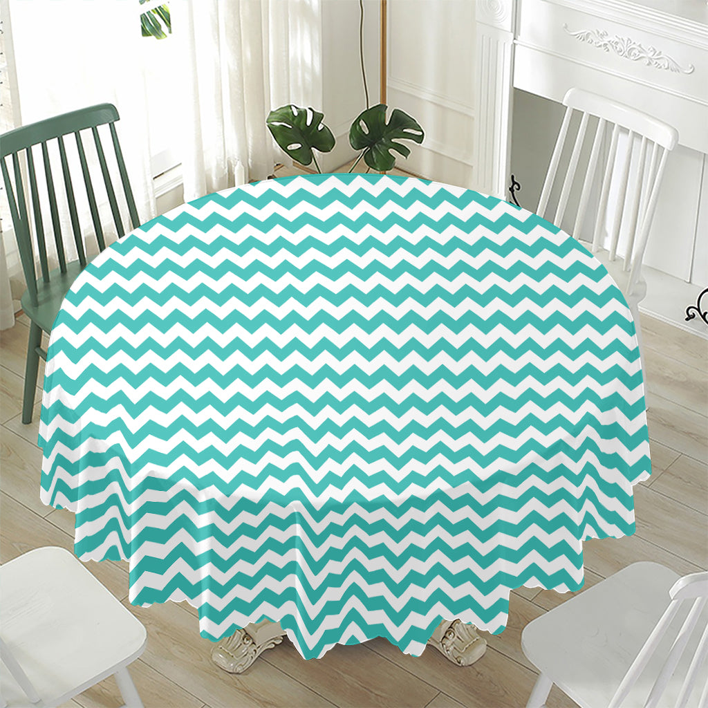 Teal And White Chevron Pattern Print Waterproof Round Tablecloth