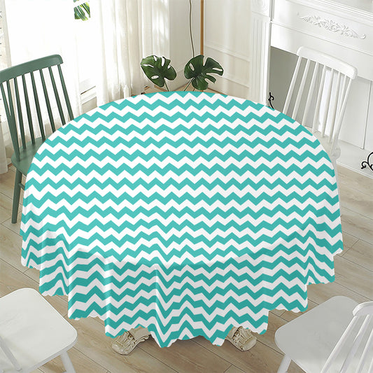 Teal And White Chevron Pattern Print Waterproof Round Tablecloth