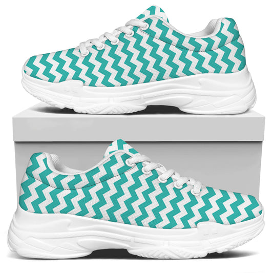 Teal And White Chevron Pattern Print White Chunky Shoes