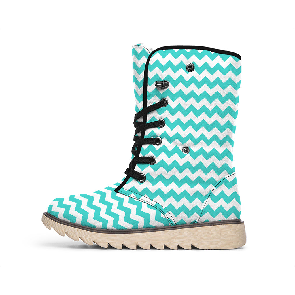 Teal And White Chevron Pattern Print Winter Boots
