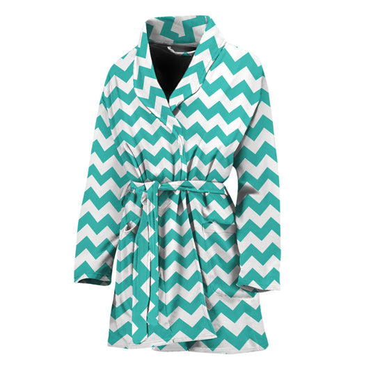 Teal And White Chevron Pattern Print Women's Bathrobe
