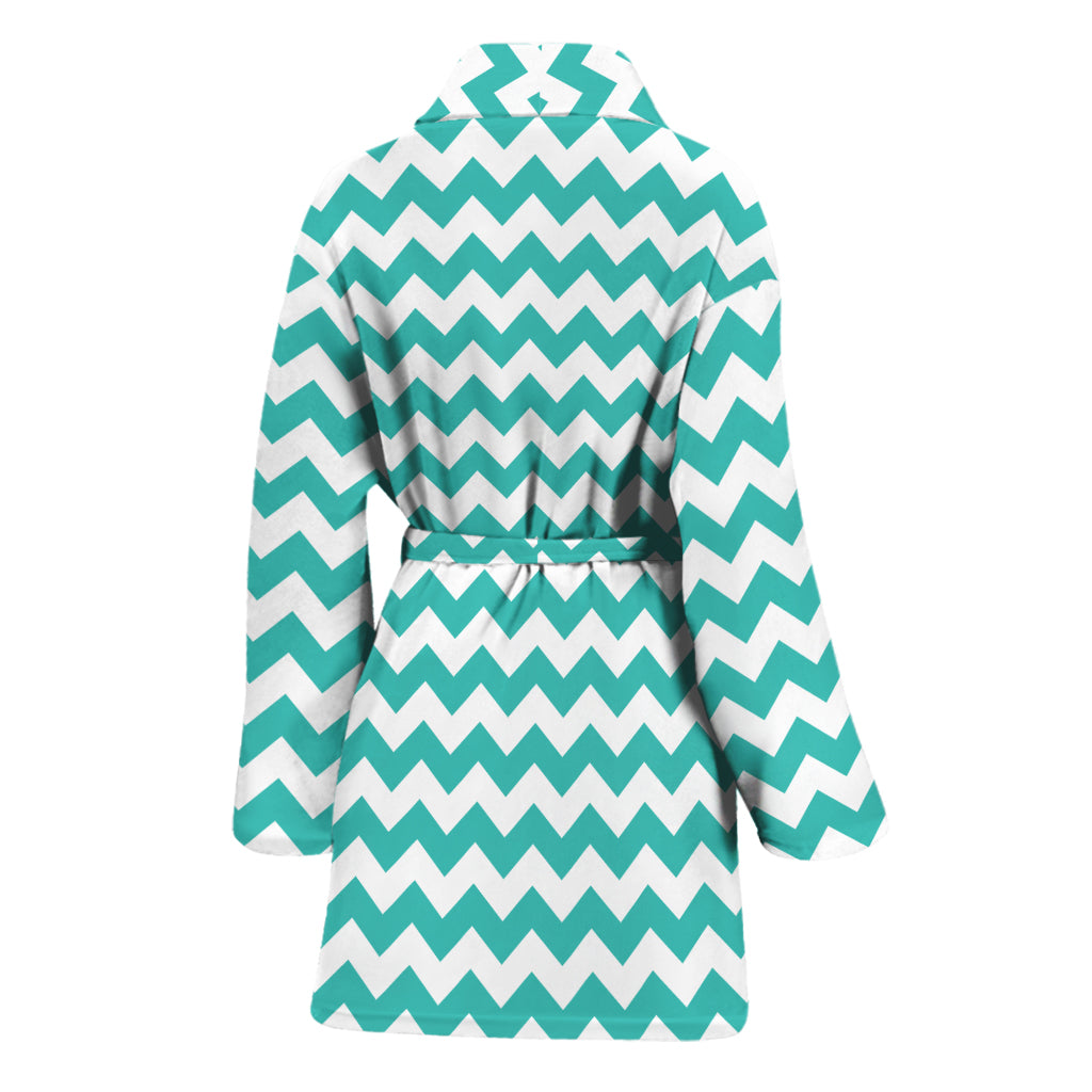 Teal And White Chevron Pattern Print Women's Bathrobe