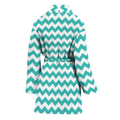 Teal And White Chevron Pattern Print Women's Bathrobe