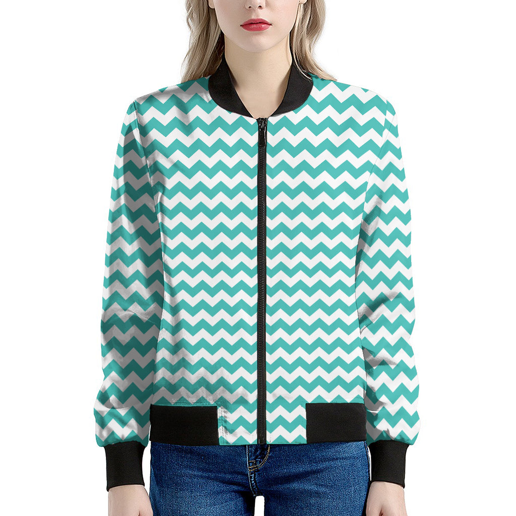Teal And White Chevron Pattern Print Women's Bomber Jacket