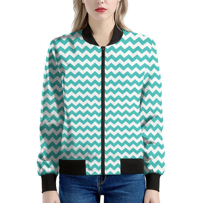 Teal And White Chevron Pattern Print Women's Bomber Jacket