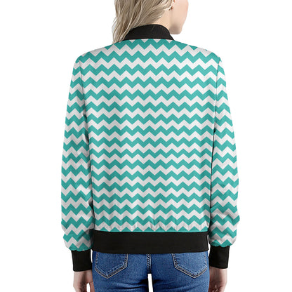 Teal And White Chevron Pattern Print Women's Bomber Jacket
