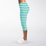 Teal And White Chevron Pattern Print Women's Capri Leggings
