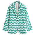 Teal And White Chevron Pattern Print Women's Cotton Blazer