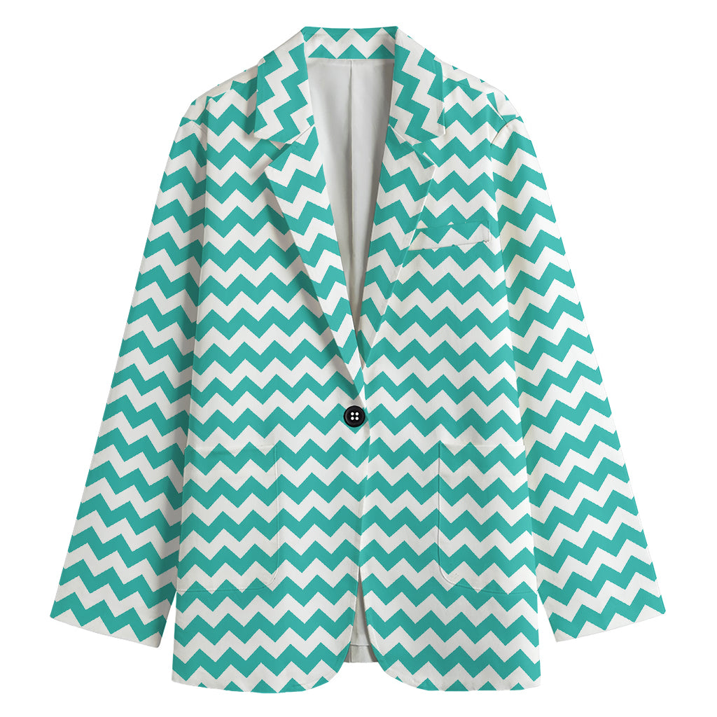 Teal And White Chevron Pattern Print Women's Cotton Blazer