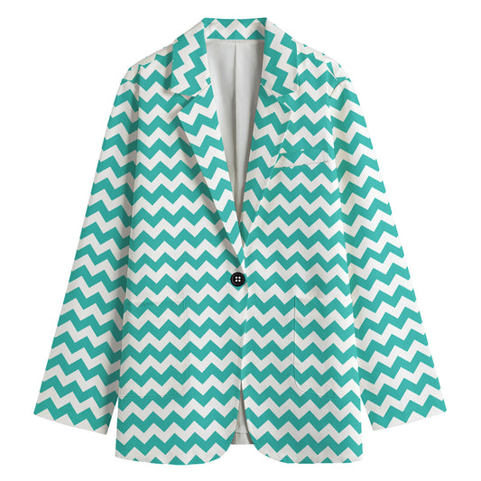Teal And White Chevron Pattern Print Women's Cotton Blazer