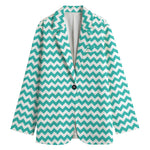 Teal And White Chevron Pattern Print Women's Cotton Blazer