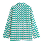 Teal And White Chevron Pattern Print Women's Cotton Blazer