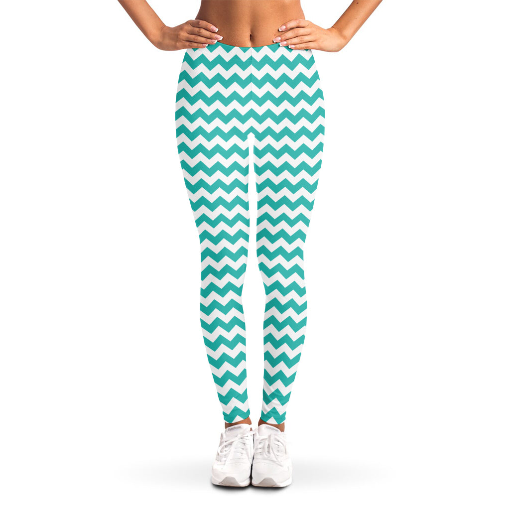 Teal And White Chevron Pattern Print Women's Leggings