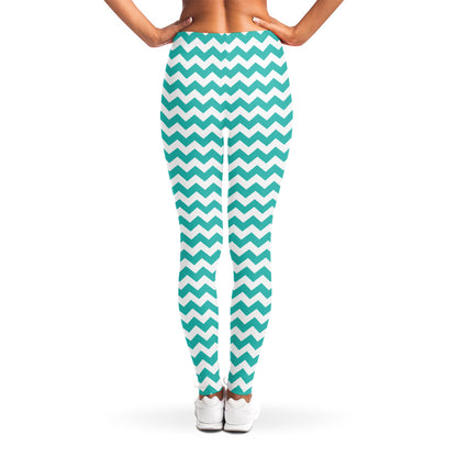 Teal And White Chevron Pattern Print Women's Leggings