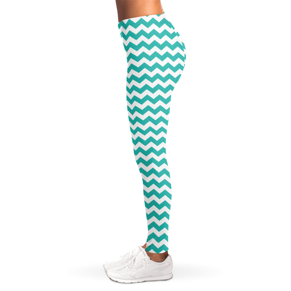 Teal And White Chevron Pattern Print Women's Leggings