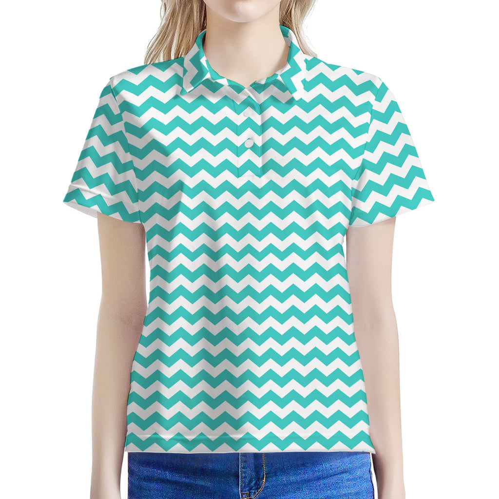 Teal And White Chevron Pattern Print Women's Polo Shirt