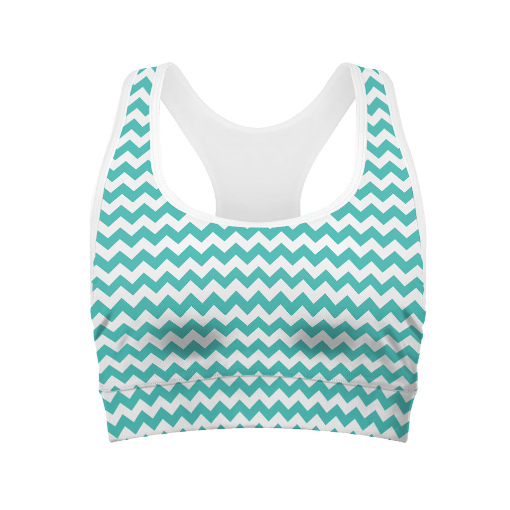 Teal And White Chevron Pattern Print Women's Sports Bra