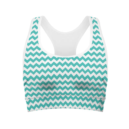 Teal And White Chevron Pattern Print Women's Sports Bra