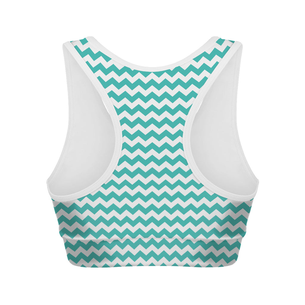 Teal And White Chevron Pattern Print Women's Sports Bra