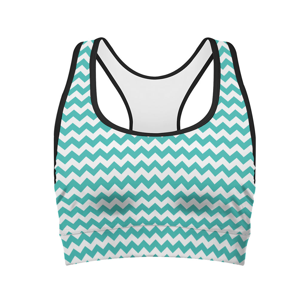 Teal And White Chevron Pattern Print Women's Sports Bra