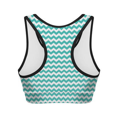 Teal And White Chevron Pattern Print Women's Sports Bra