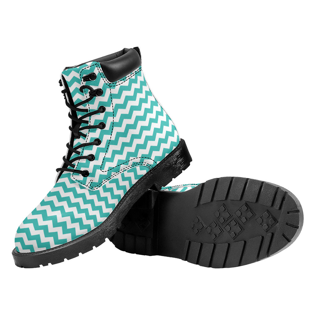 Teal And White Chevron Pattern Print Work Boots