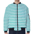Teal And White Chevron Pattern Print Zip Sleeve Bomber Jacket