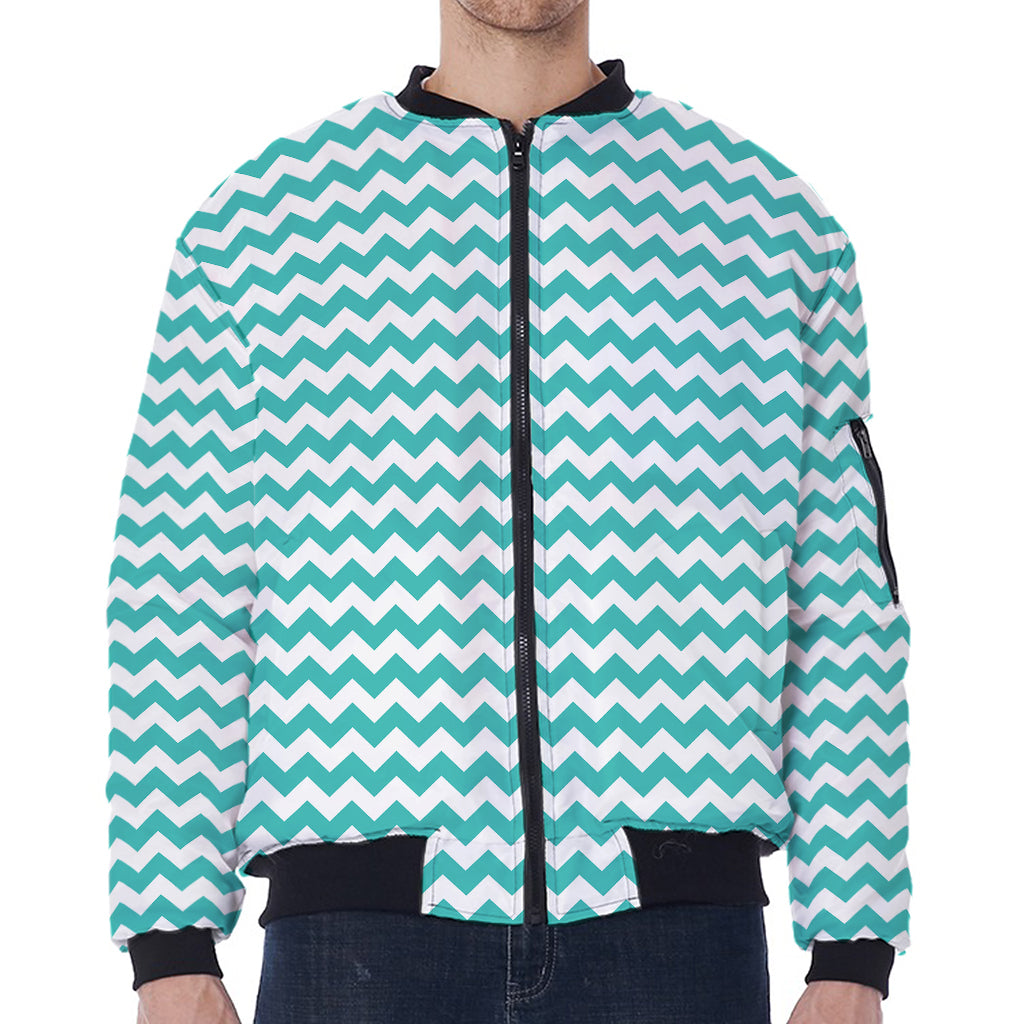 Teal And White Chevron Pattern Print Zip Sleeve Bomber Jacket
