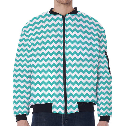 Teal And White Chevron Pattern Print Zip Sleeve Bomber Jacket