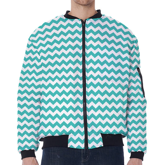 Teal And White Chevron Pattern Print Zip Sleeve Bomber Jacket