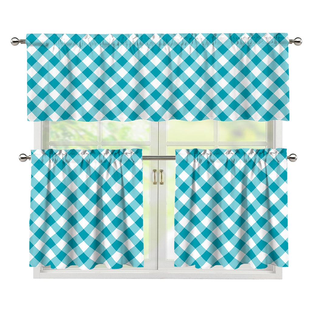 Teal And White Gingham Pattern Print 3 Piece Kitchen Curtains