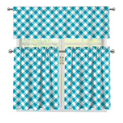 Teal And White Gingham Pattern Print 3 Piece Kitchen Curtains