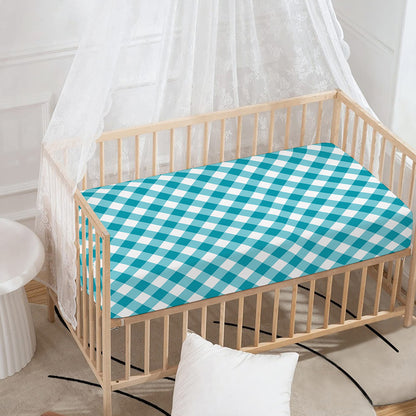 Teal And White Gingham Pattern Print Baby Crib Sheet