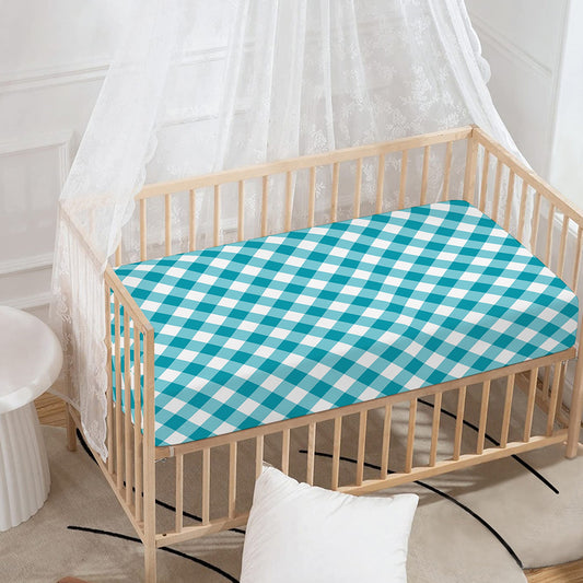 Teal And White Gingham Pattern Print Baby Crib Sheet
