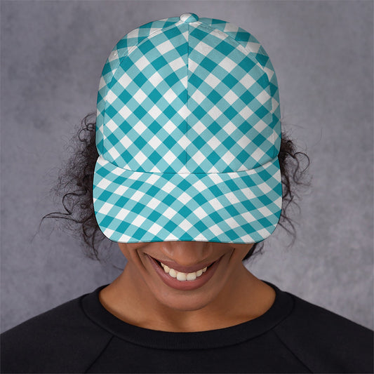 Teal And White Gingham Pattern Print Baseball Cap
