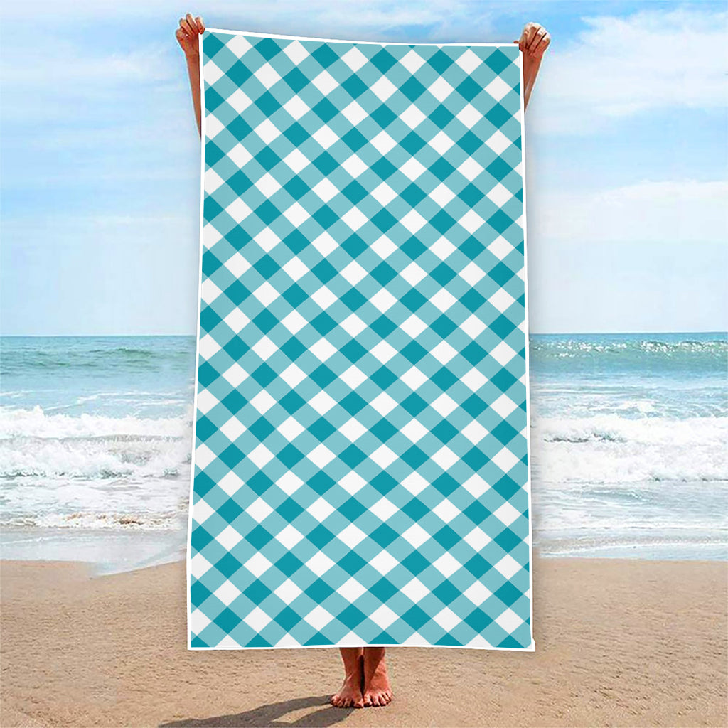 Teal And White Gingham Pattern Print Beach Towel