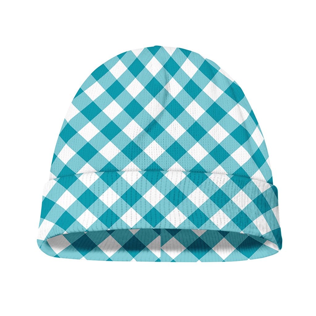 Teal And White Gingham Pattern Print Beanie