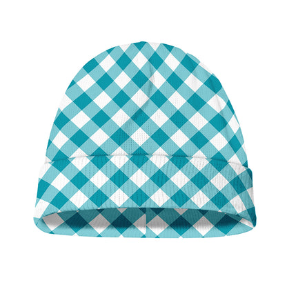 Teal And White Gingham Pattern Print Beanie