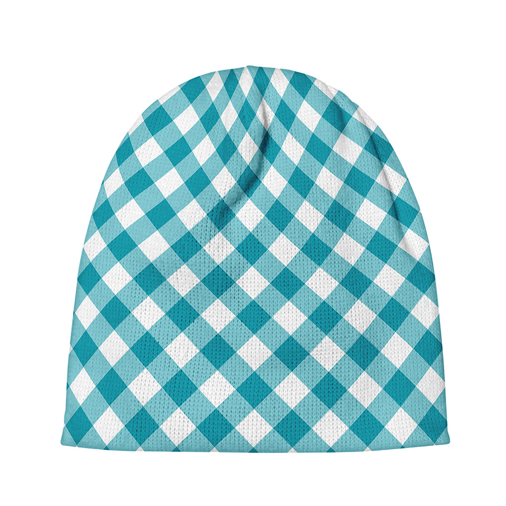 Teal And White Gingham Pattern Print Beanie