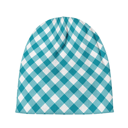 Teal And White Gingham Pattern Print Beanie