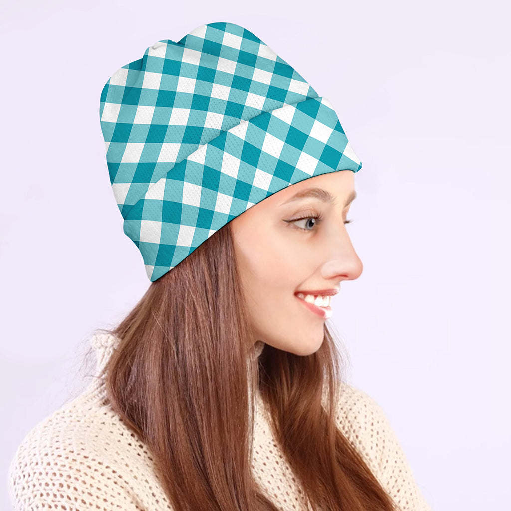 Teal And White Gingham Pattern Print Beanie