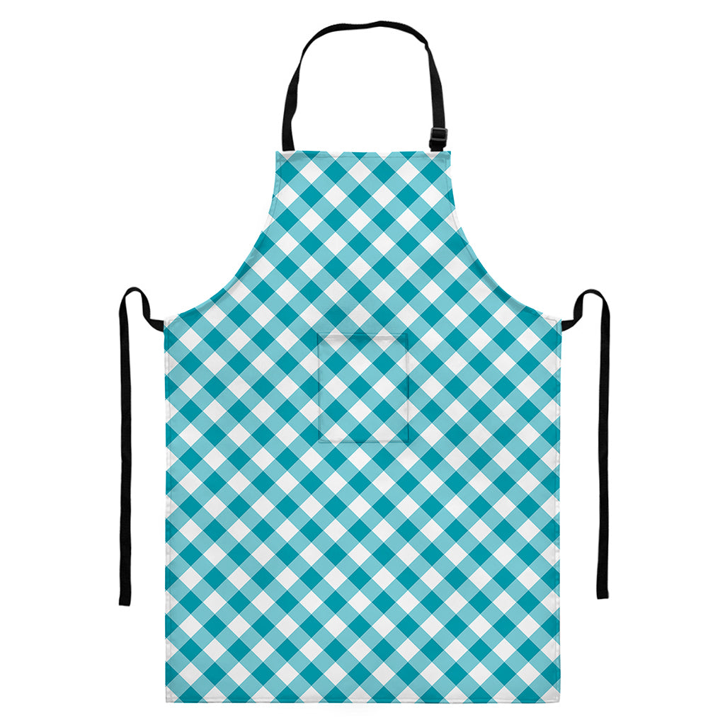 Teal And White Gingham Pattern Print Bib Apron With Pocket