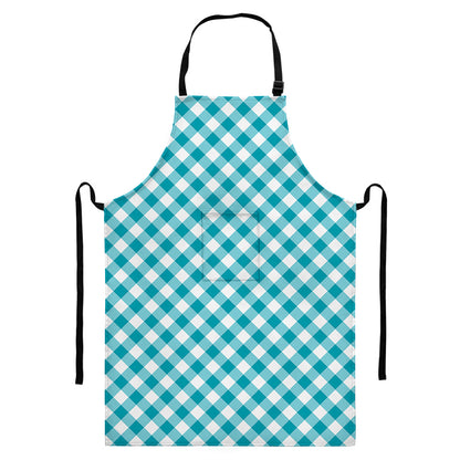 Teal And White Gingham Pattern Print Bib Apron With Pocket