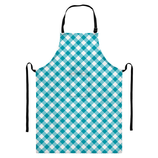 Teal And White Gingham Pattern Print Bib Apron With Pocket