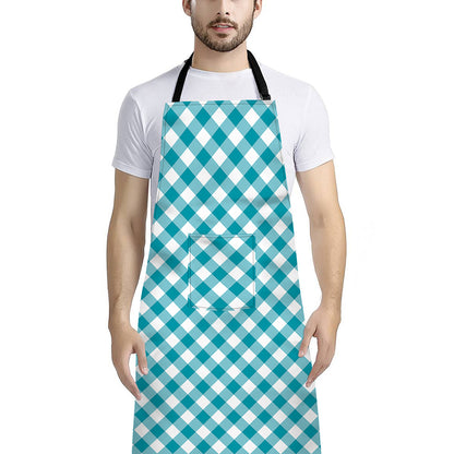 Teal And White Gingham Pattern Print Bib Apron With Pocket